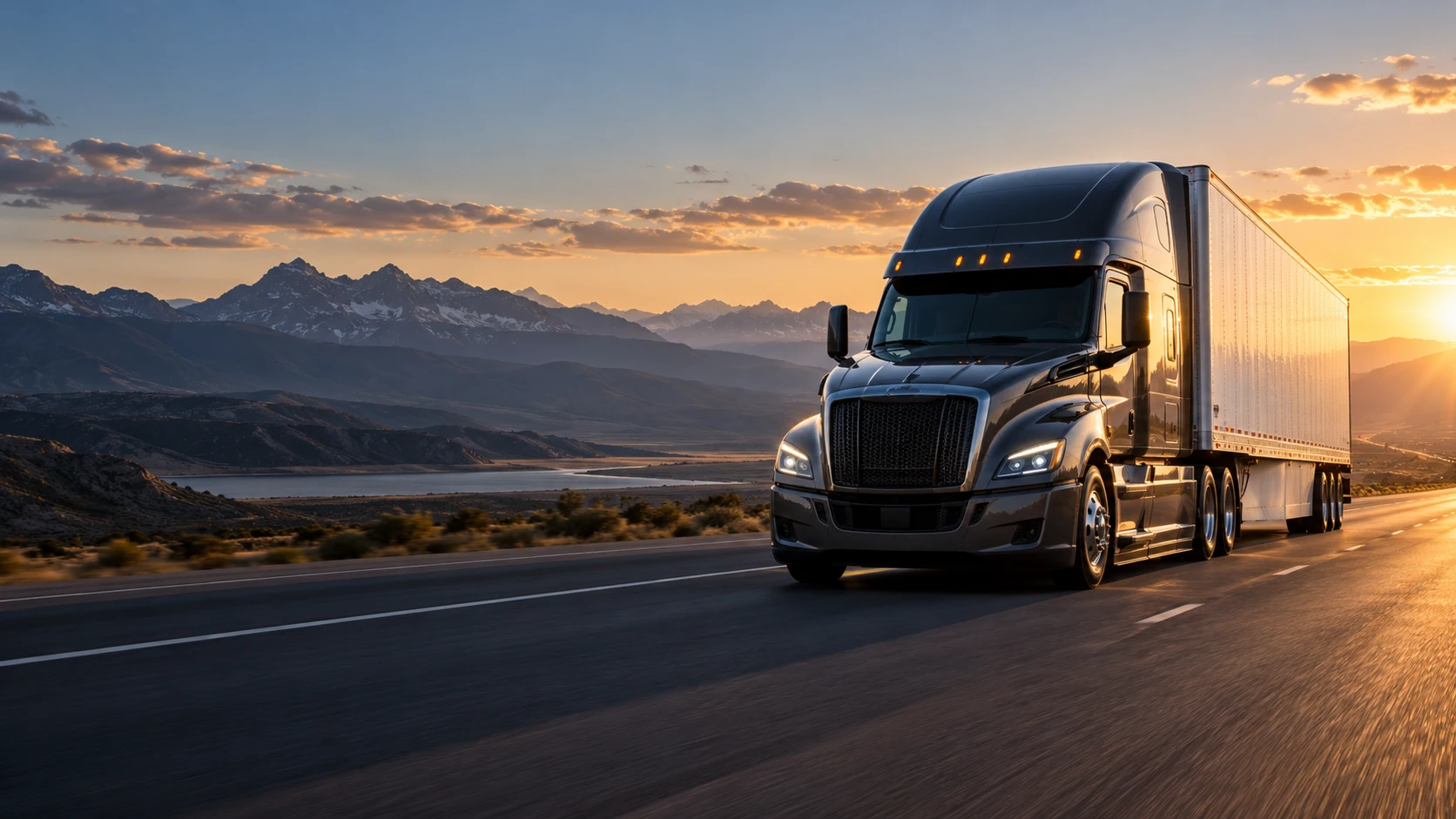 Long-haul semi-truck on an open American highway at sunrise
