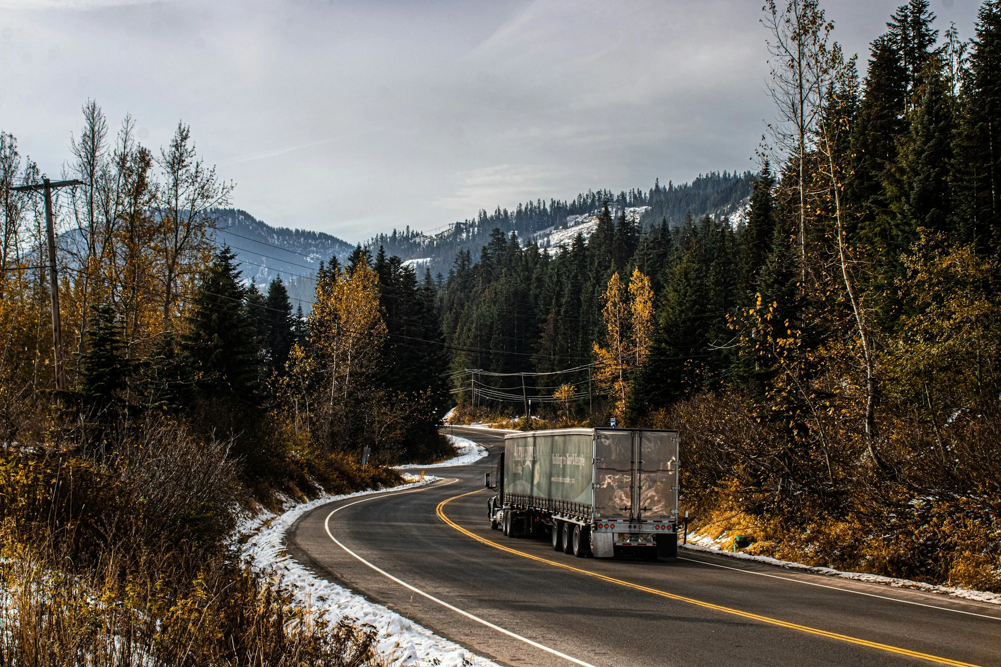 Freight truck following a winding forest road